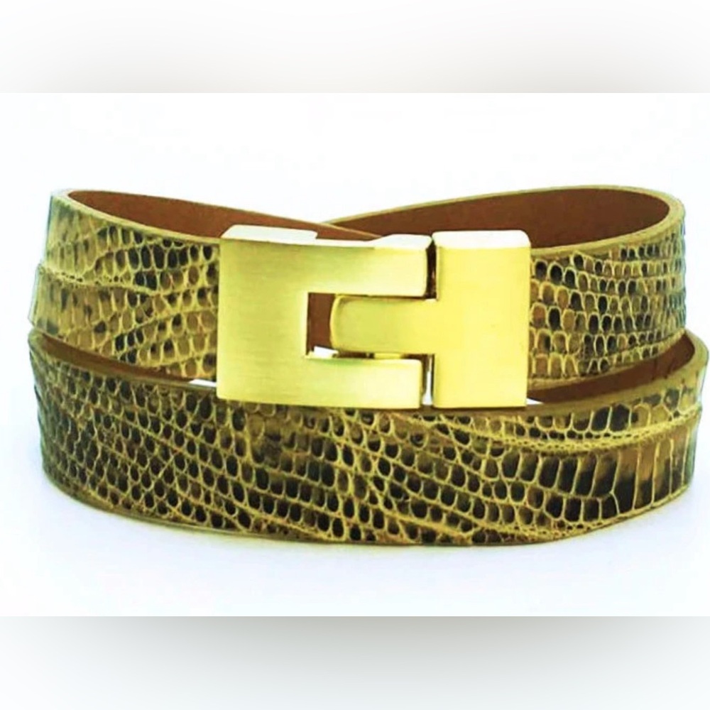 Leighelena Silver Double Jigsaw Beige Marked Lizard Bracelet
